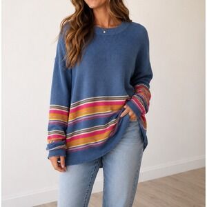 Natural Life XL Blue Multicolor Stripe Oversized Cotton Knit Boho Sweater